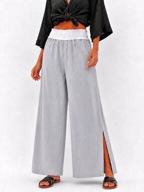 Organic Linen Cotton Wide Leg Side Slit Palazzo Pants Gray Boho Elastic Waist SM